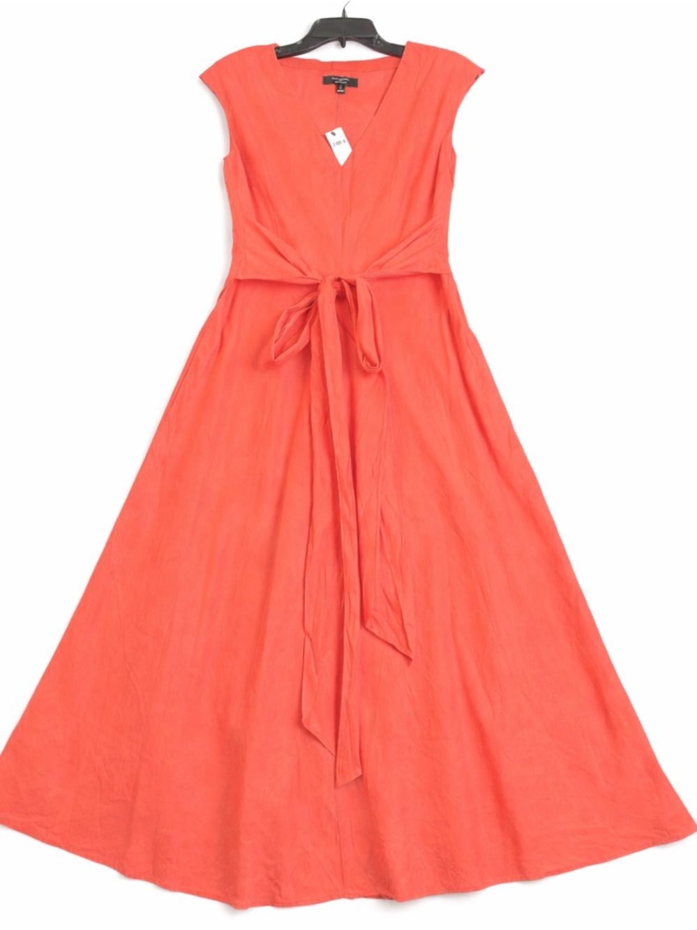 SOLD Banana Republic Linen Blend Midi Dress 8 Coral Tie Wrap Waist Pockets $150